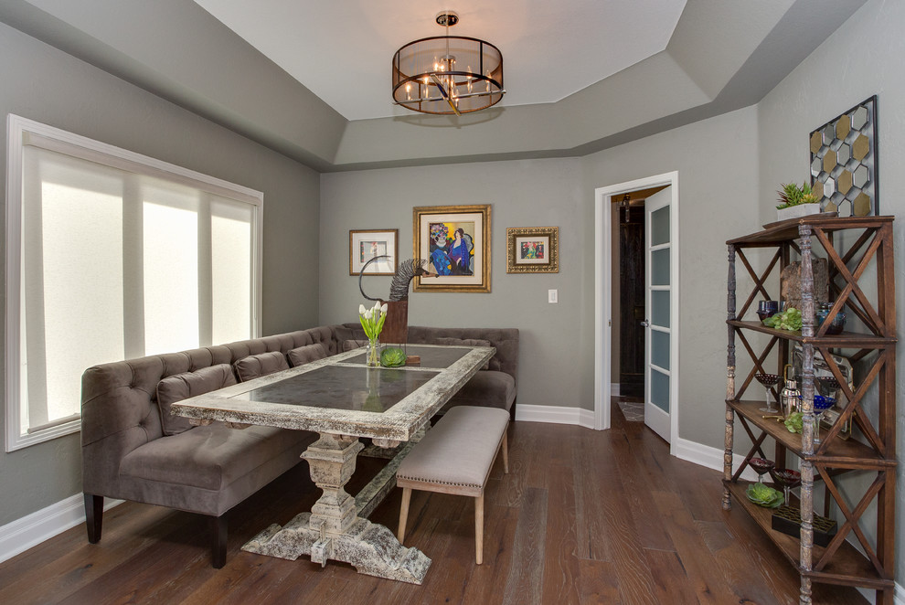 Example of a large transitional medium tone wood floor great room design in Denver with beige walls