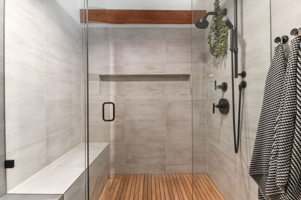 Bathroom - mid-sized modern master porcelain tile, blue floor, double-sink and exposed beam bathroom idea in Chicago with flat-panel cabinets, light wood cabinets, quartzite countertops, white countertops and a built-in vanity