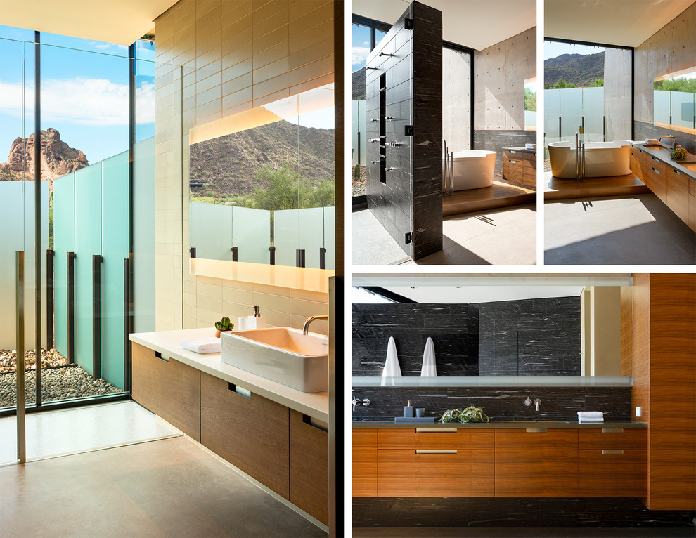 Large southwest master freestanding bathtub photo in Phoenix with flat-panel cabinets, medium tone wood cabinets, beige walls and a drop-in sink