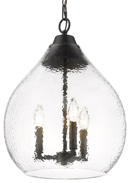 Ariella 3 Light Pendant, Matte Black and Hammered Clear Glass