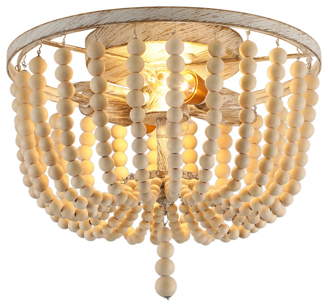 2Lights Antique Rustic Wood Beaded Flush Mount Light Beach Style