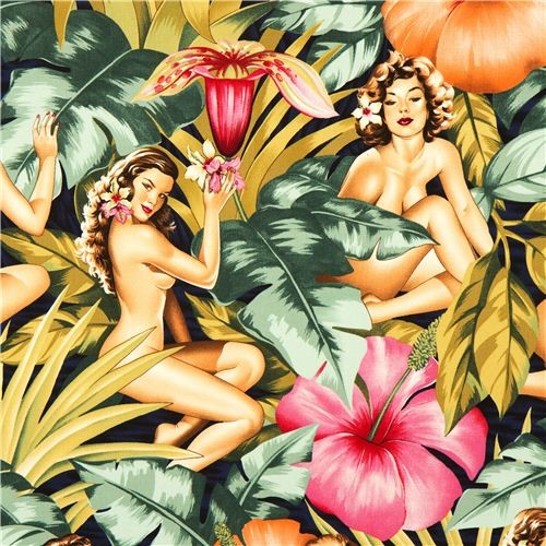 Pin up women fabric with big flowers by Alexander Henry