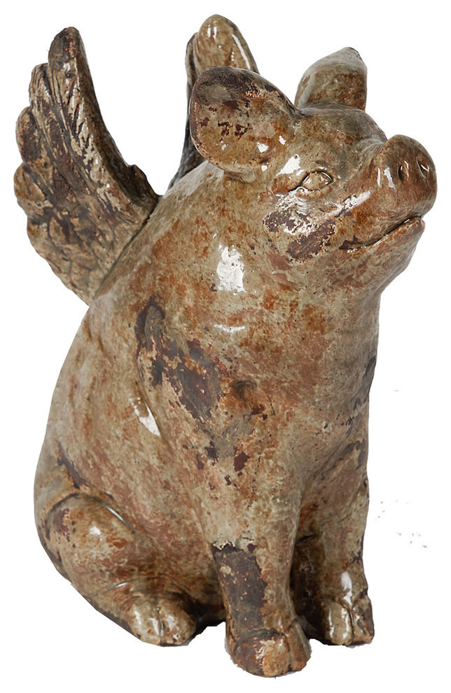 Glazed Ceramic Flying Pig Statue Farmhouse Garden Statues And Yard