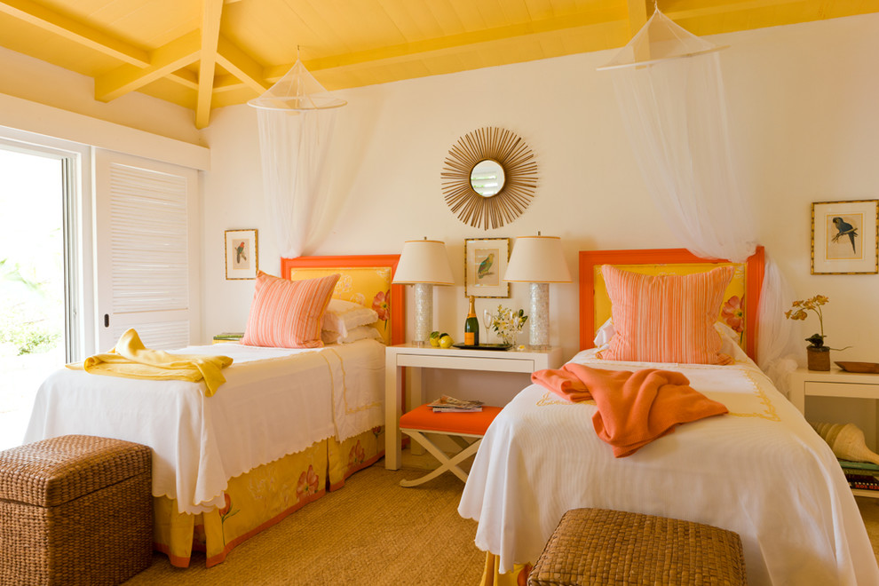 Photo of a tropical bedroom in Boston with white walls and yellow floor.