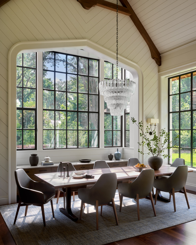 Transitional shiplap wall dining room photo in Philadelphia with yellow walls