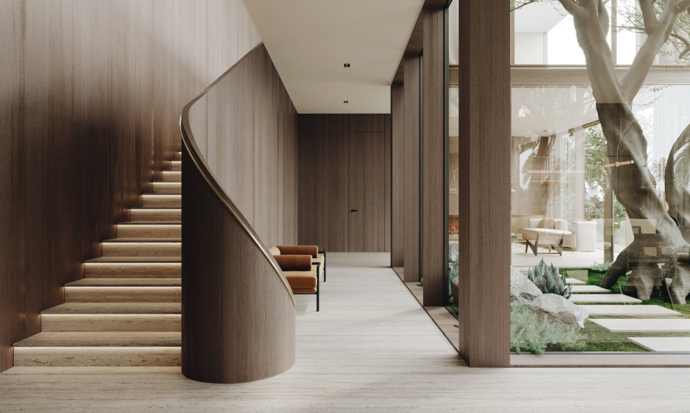 Inspiration for a large modern tile straight staircase in Los Angeles with tile risers, wood railing and wood walls.