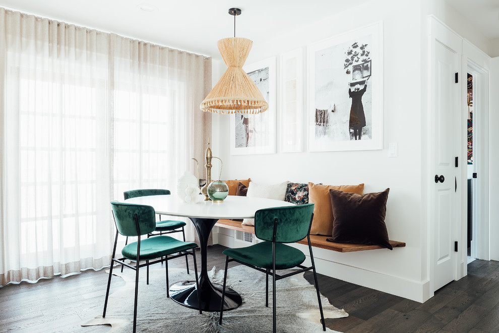 Inspiration for a small eclectic open plan dining in Salt Lake City with white walls and dark hardwood floors.