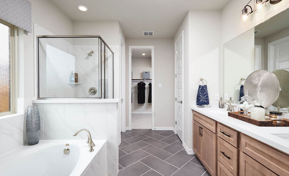 Inspiration for a contemporary master bathroom in Other with recessed-panel cabinets, light wood cabinets, an alcove tub, a shower/bathtub combo, marble, grey walls, ceramic floors, an integrated sink, grey floor, a hinged shower door, white benchtops, a double vanity and a built-in vanity.