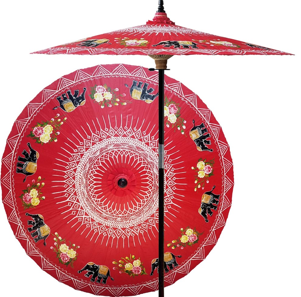 Asian Elephants Outdoor Patio Umbrella, Red