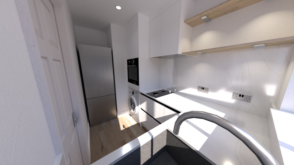 Inspiration for a small contemporary l-shaped enclosed kitchen in Other with a built-in sink, flat-panel cabinets, medium wood cabinets, quartz worktops, white splashback, engineered quartz splashback, stainless steel appliances, vinyl flooring, no island, brown floors, white worktops and feature lighting.