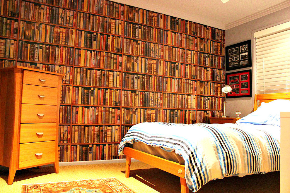 This is an example of an eclectic bedroom in Brisbane with carpet.