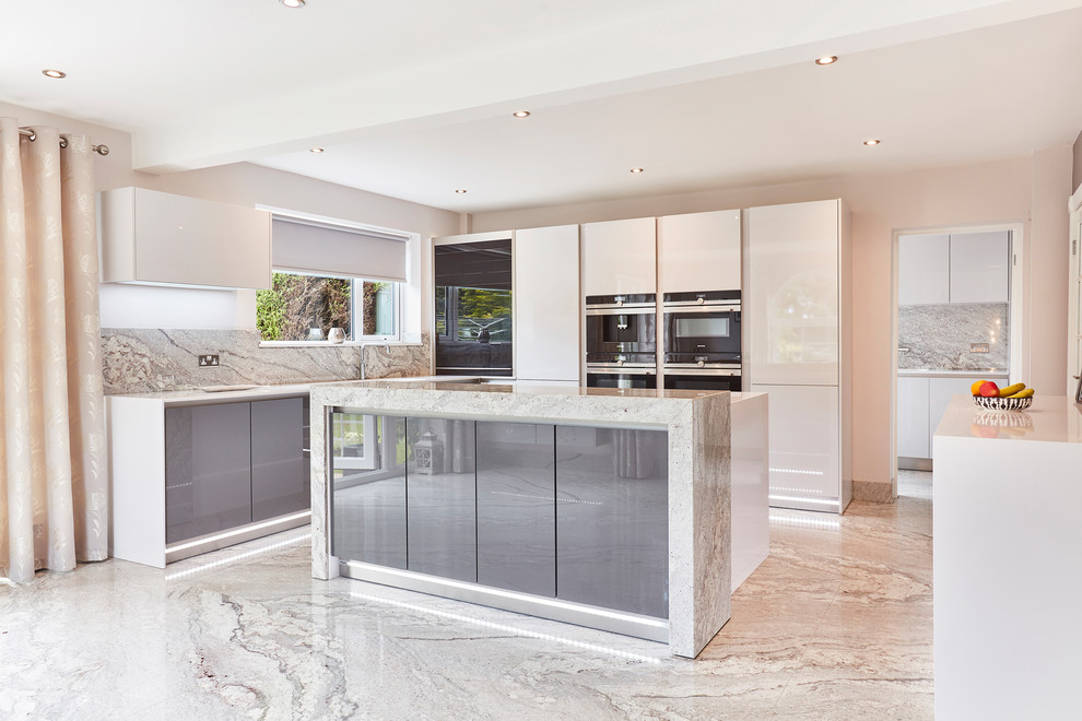 Design ideas for a mid-sized contemporary u-shaped eat-in kitchen in Other with an integrated sink, flat-panel cabinets, white cabinets, quartzite benchtops, grey splashback, stone slab splashback, black appliances, marble floors, with island, grey floor, white benchtop and coffered.
