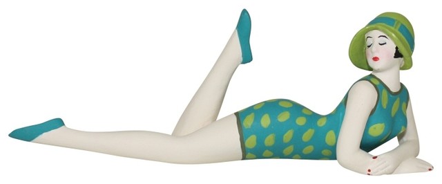 Retro Bathing Beauty Lying Figurine Statue Swim Suit Woman Turquoise Aqua Green Beach Style