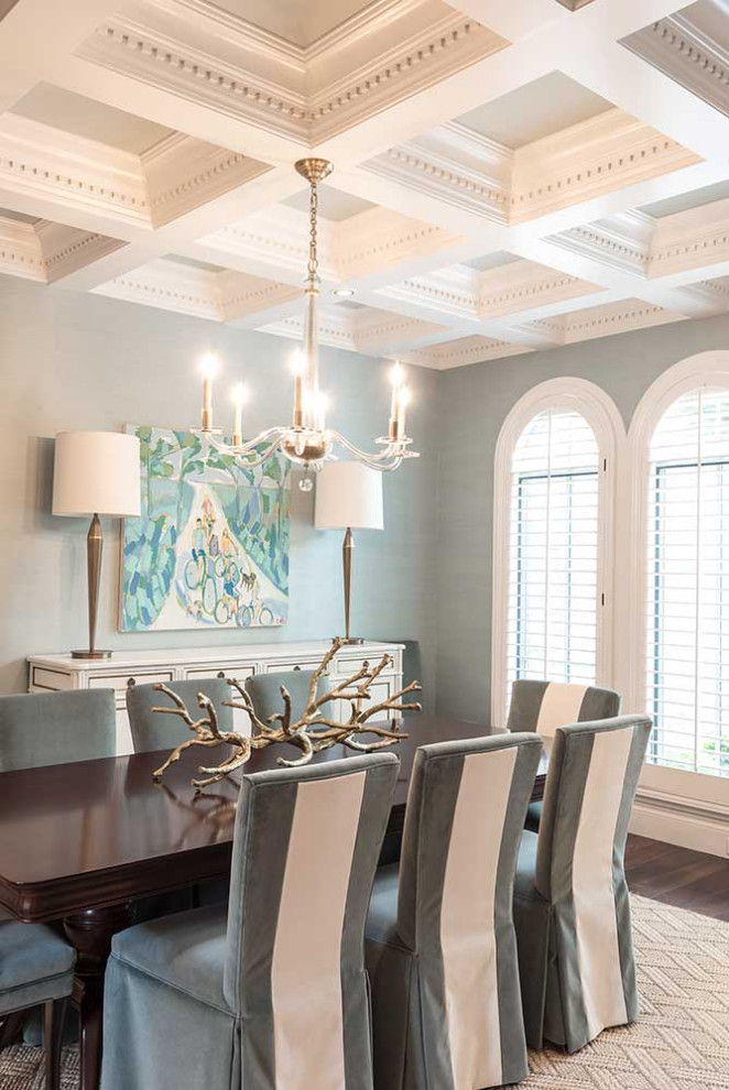 Mid-sized traditional dining room in Austin with blue walls, coffered and wallpaper.