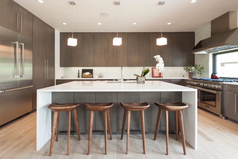 Inspiration for a large modern u-shaped eat-in kitchen in Other with flat-panel cabinets, stainless steel appliances, light hardwood floors, with island, brown cabinets, blue splashback and brown floor.
