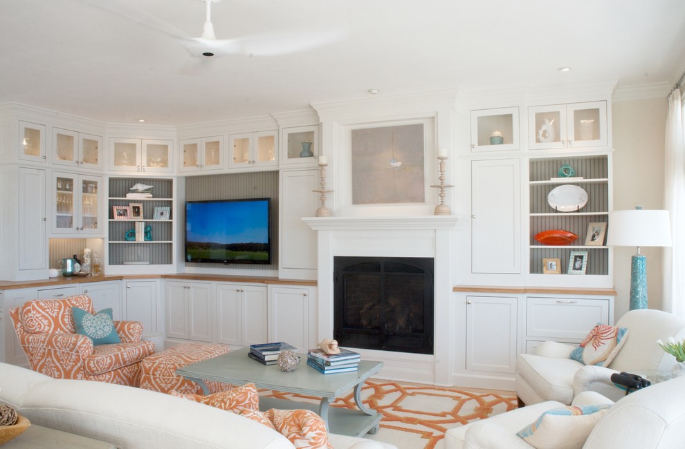Design ideas for a large beach style formal open concept living room in Boston with white walls, carpet, a standard fireplace, a wood fireplace surround and no tv.