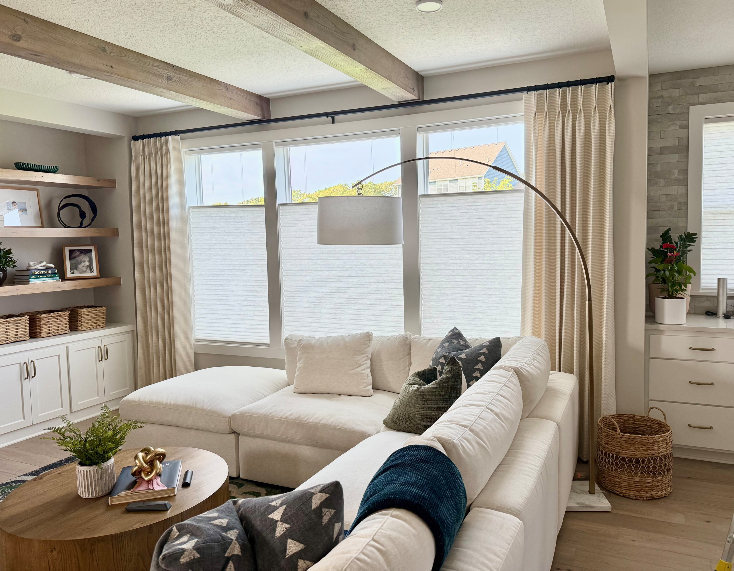 1.5 width stationary panels with Top-Down/Bottom-up Honeycomb shades