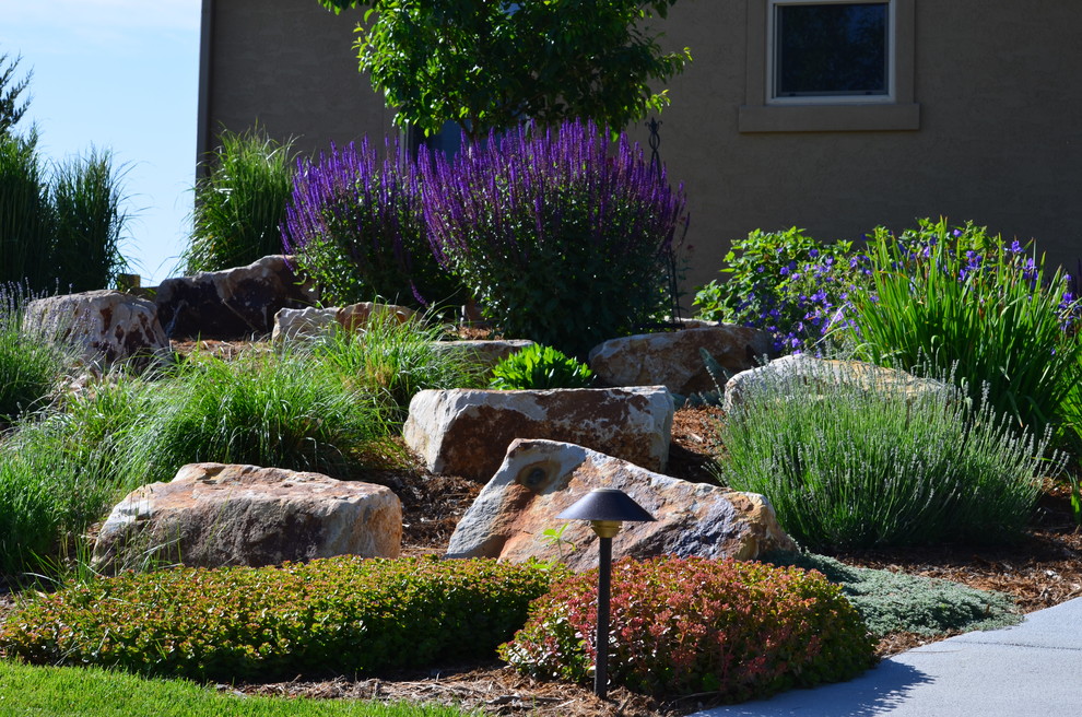 This is an example of a large traditional front yard full sun xeriscape in Other with a garden path and natural stone pavers.