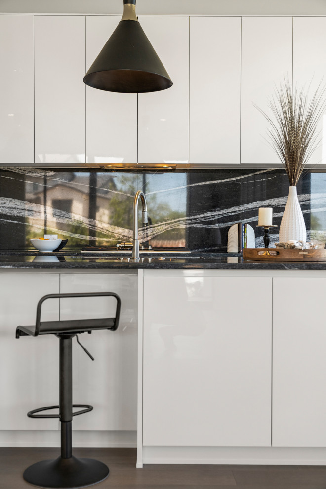 Photo of a medium sized contemporary galley kitchen/diner in Austin with a submerged sink, flat-panel cabinets, white cabinets, granite worktops, black splashback, granite splashback, stainless steel appliances, medium hardwood flooring, an island, brown floors, white worktops and all types of ceiling.