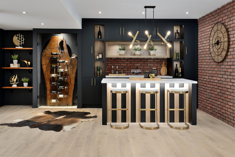 Design ideas for a transitional single-wall seated home bar in Toronto with black cabinets, marble benchtops, brick splashback and white benchtop.