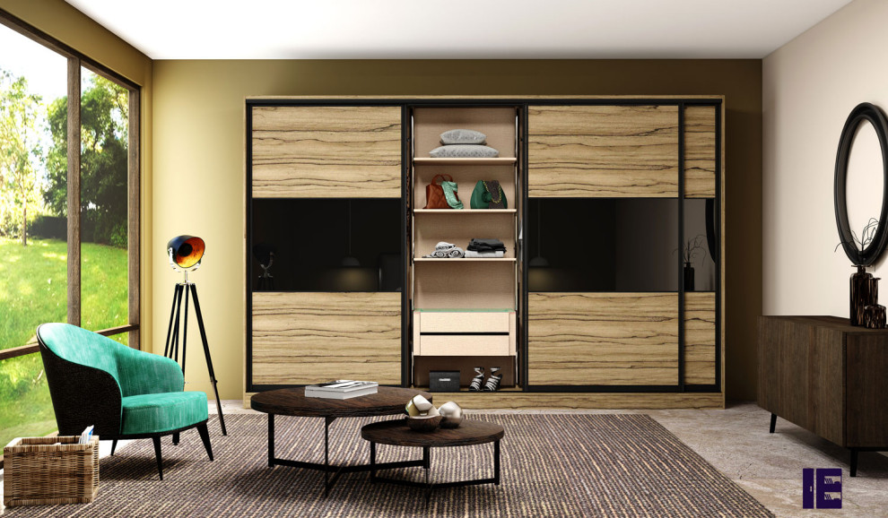 Modelo de armario y vestidor contemporáneo grande con armarios con paneles lisos y puertas de armario de madera en tonos medios