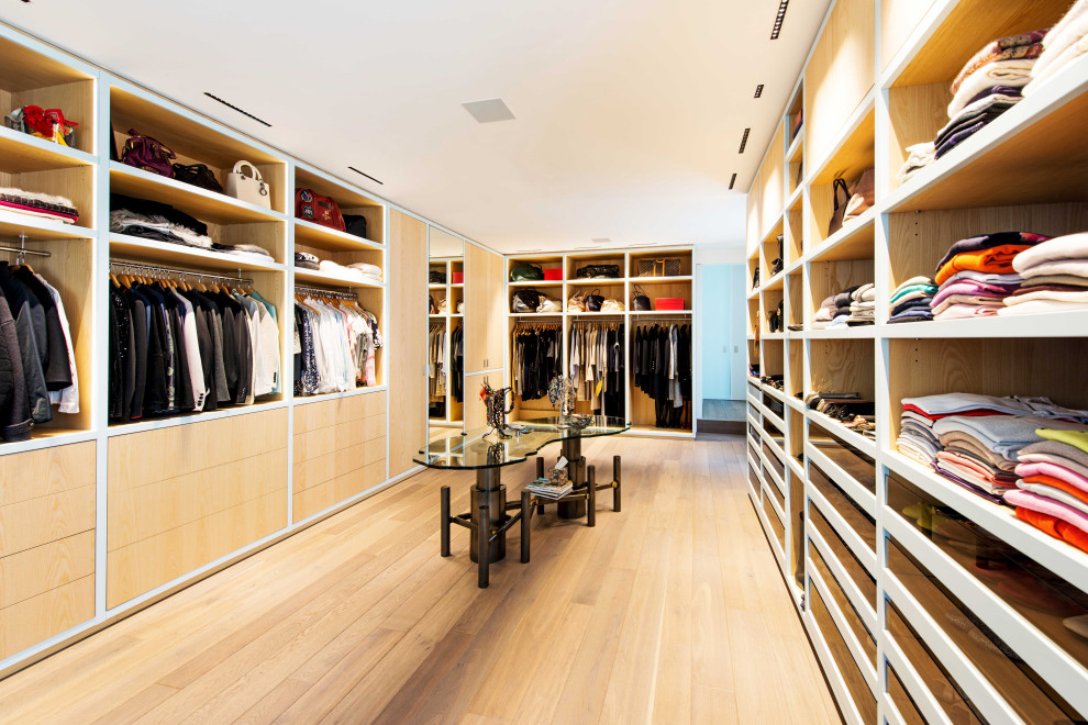 Large contemporary gender-neutral walk-in wardrobe in Paris with light hardwood floors and brown floor.