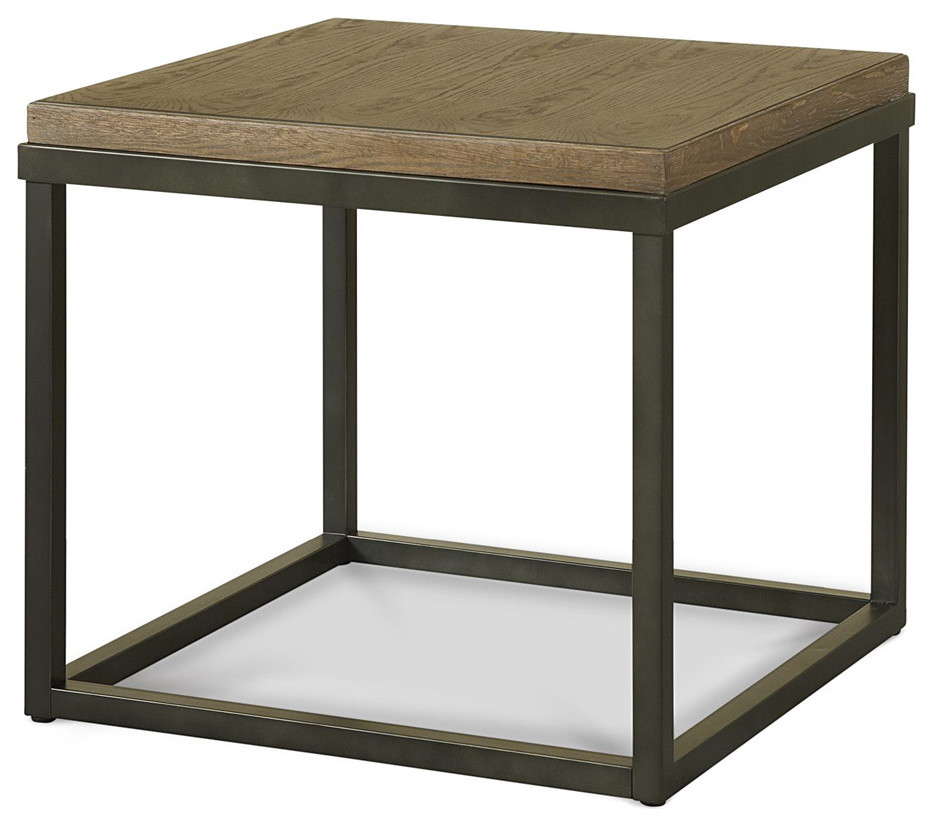 French Industrial Oak Wood and Metal Square End Table, Natural Oak