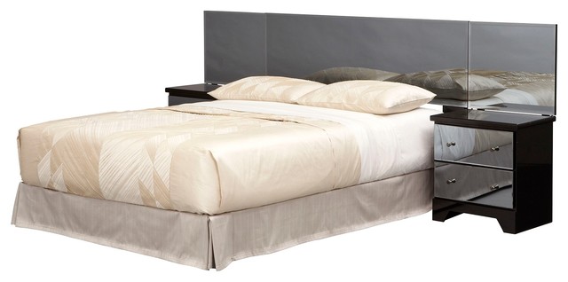 Standard Parisian Queen Bed With Spread Mirror Headboard, Glossy Black