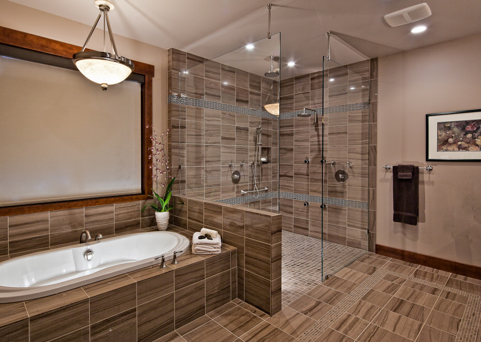Contemporary bathroom in Vancouver with a drop-in tub.