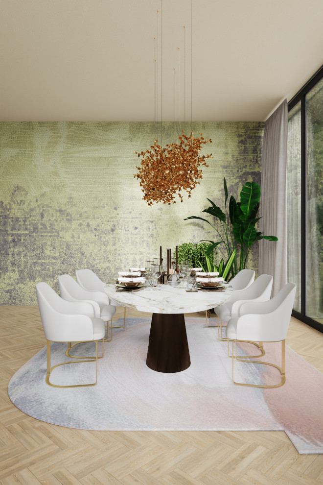 Aménagement d'une salle à manger ouverte sur le salon contemporaine avec un mur blanc, parquet clair, une cheminée double-face, un manteau de cheminée en pierre, du papier peint et verrière.