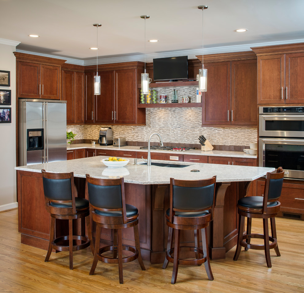 Example of a mid-sized transitional l-shaped light wood floor and beige floor eat-in kitchen design in Atlanta with an undermount sink, shaker cabinets, medium tone wood cabinets, granite countertops, gray backsplash, matchstick tile backsplash, stainless steel appliances and an island