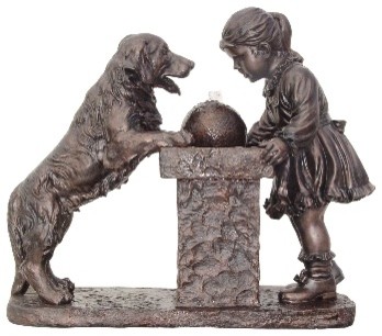 Young Girl and Labrador Dog Antique Bronze Fountain
