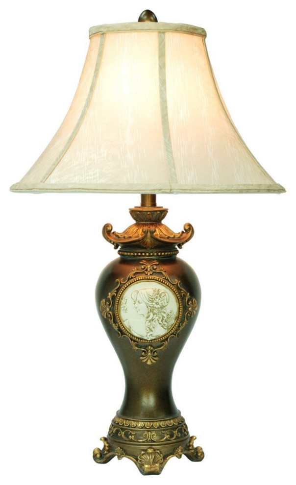 29" Brown Metal Bedside Table Lamp With OffWhite Shade Victorian