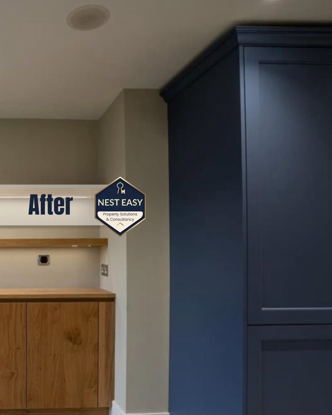 Custom Wood Cabinetry Meets Deep Navy Contrast