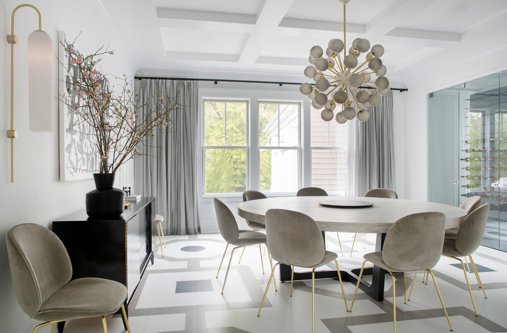 Design ideas for a contemporary dining room in New York with white walls, no fireplace and multi-coloured floor.
