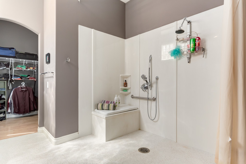 Design ideas for a large transitional master bathroom in Calgary with a vessel sink, shaker cabinets, dark wood cabinets, engineered quartz benchtops, a curbless shower, a two-piece toilet, white tile, porcelain tile, beige walls and linoleum floors.