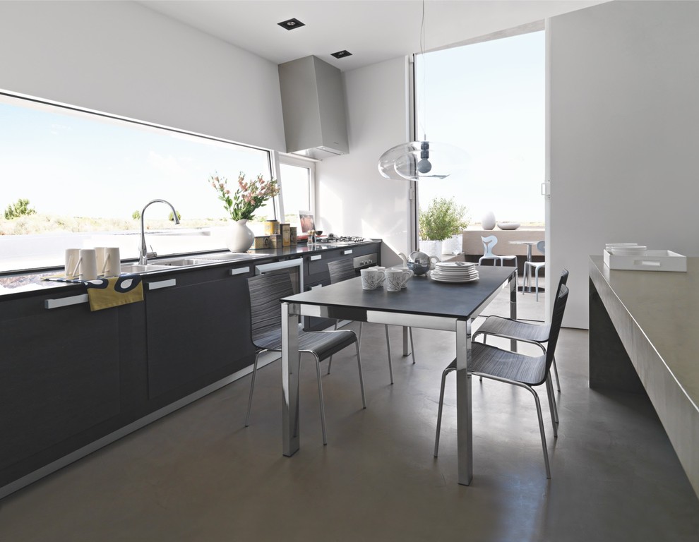 Design ideas for a mid-sized contemporary open plan kitchen in San Diego with glass-front cabinets, black cabinets, concrete benchtops, stainless steel appliances, concrete floors and with island.
