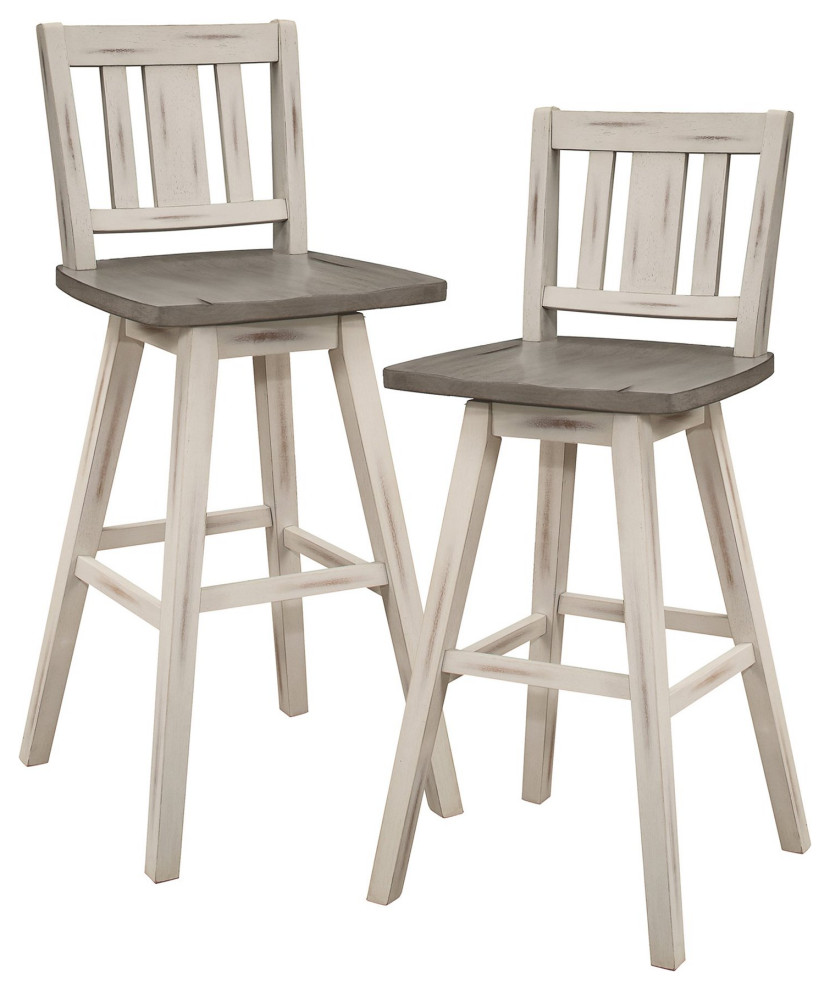 Set of 2 Bar Stool, White Rubberwood Frame & Swivel Gray Seat ...