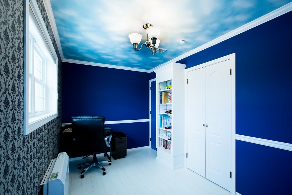 Inspiration for a small traditional home office in Other with blue walls, plywood floors, no fireplace and white floor.
