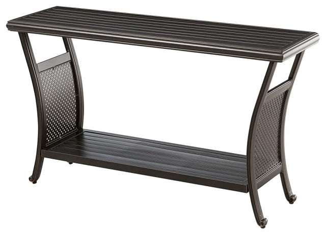 Outdoor Side Console Table, Aluminum Frame, Grooved Top & Shelf, Brushed Bronze - Traditional ...