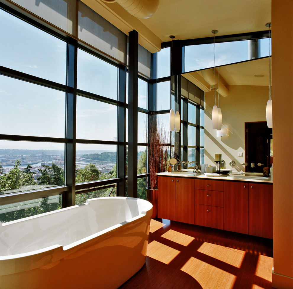 Design ideas for a contemporary bathroom in Seattle with a freestanding tub.