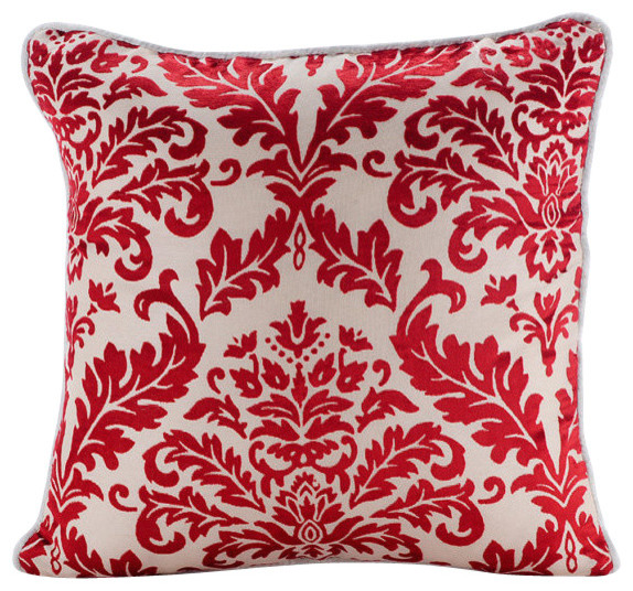 Red Red Damask Pattern 16"x16" Burnout Velvet Pillowcase, Cayenne Red Damask