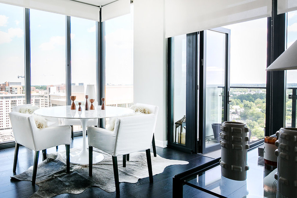 Penthouse Decor in Bethesda - Mid-sized transitional dark wood floor and black floor great room photo in DC Metro with white walls and no fireplace