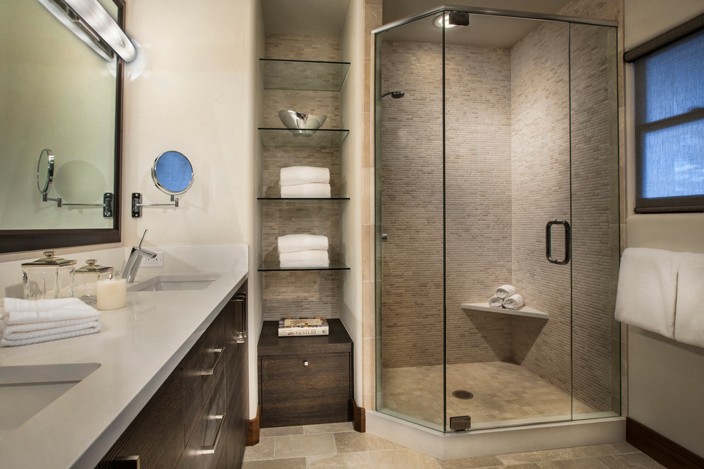This is an example of a mid-sized contemporary master bathroom in Denver with an undermount sink, flat-panel cabinets, dark wood cabinets, a corner shower, matchstick tile, beige walls, ceramic floors, laminate benchtops, beige floor and a hinged shower door.