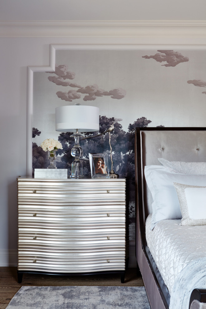 Inspiration for an expansive traditional master and grey and purple bedroom in Toronto with grey walls, medium hardwood flooring, brown floors, a drop ceiling, wallpapered walls and a feature wall.