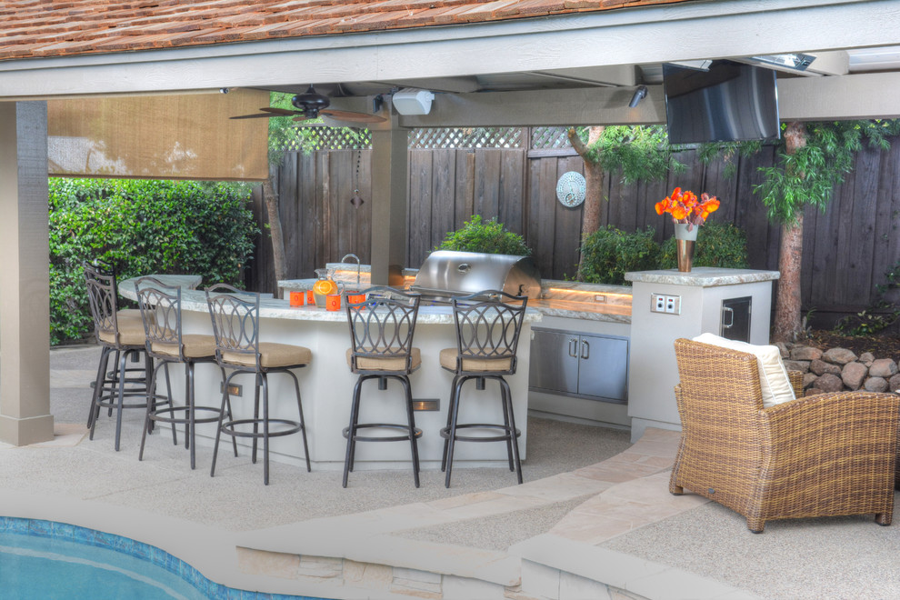Patio kitchen - large transitional backyard patio kitchen idea in San Francisco with a gazebo