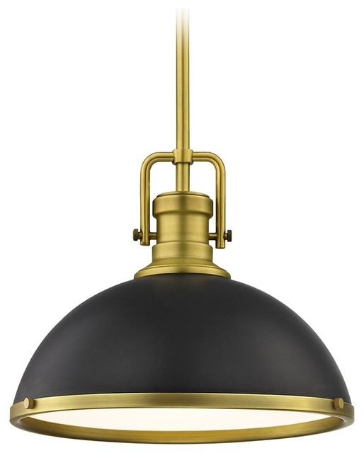 Pendant Light, 13.38", Chrome, Matte Black Traditional Pendant