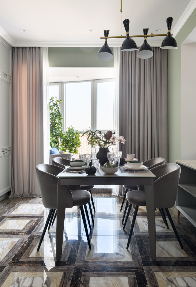 Esempio di una sala da pranzo aperta verso il soggiorno minimal con pavimento in gres porcellanato e pavimento marrone