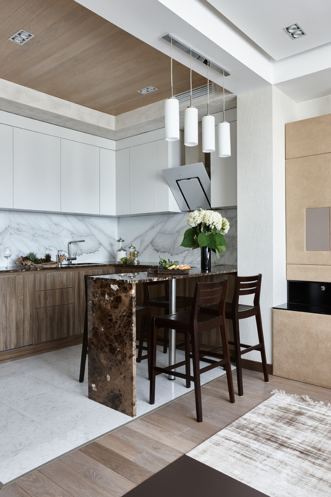 Inspiration for a mid-sized contemporary u-shaped open plan kitchen in Moscow with an undermount sink, flat-panel cabinets, dark wood cabinets, marble benchtops, white splashback, marble splashback, panelled appliances, porcelain floors, white floor and brown benchtop.