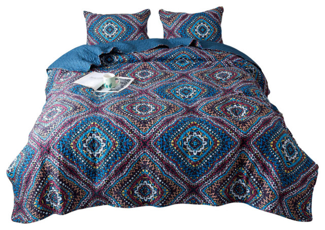 Bohemian Native Rustic Navy Blue Geometric Diamond Bedspread Set, Twin